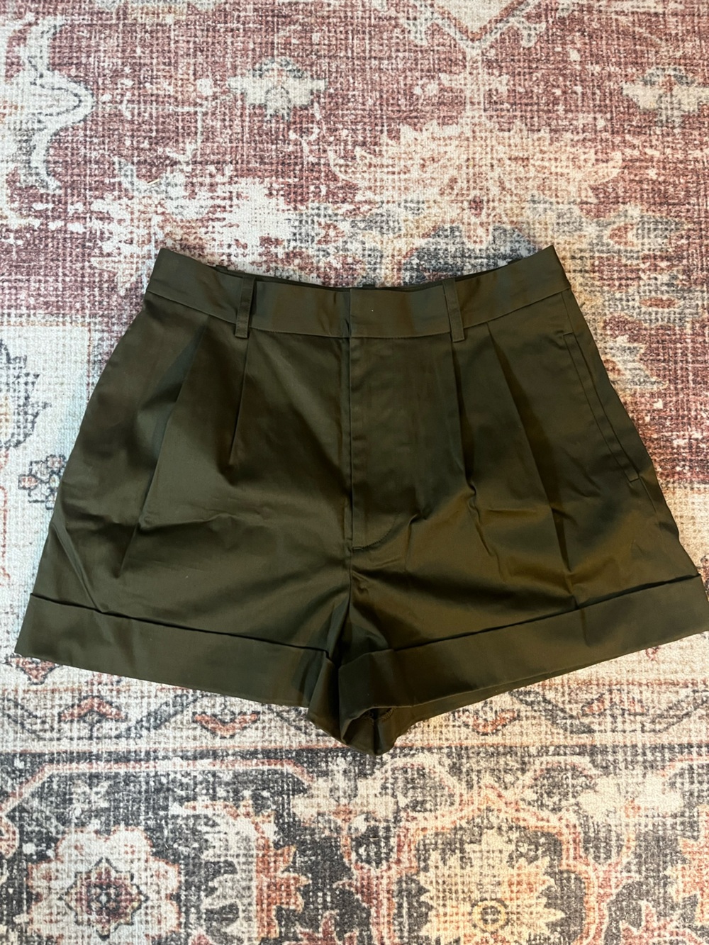 Alice + Olivia Olive Green Pleated High-Waist Shorts